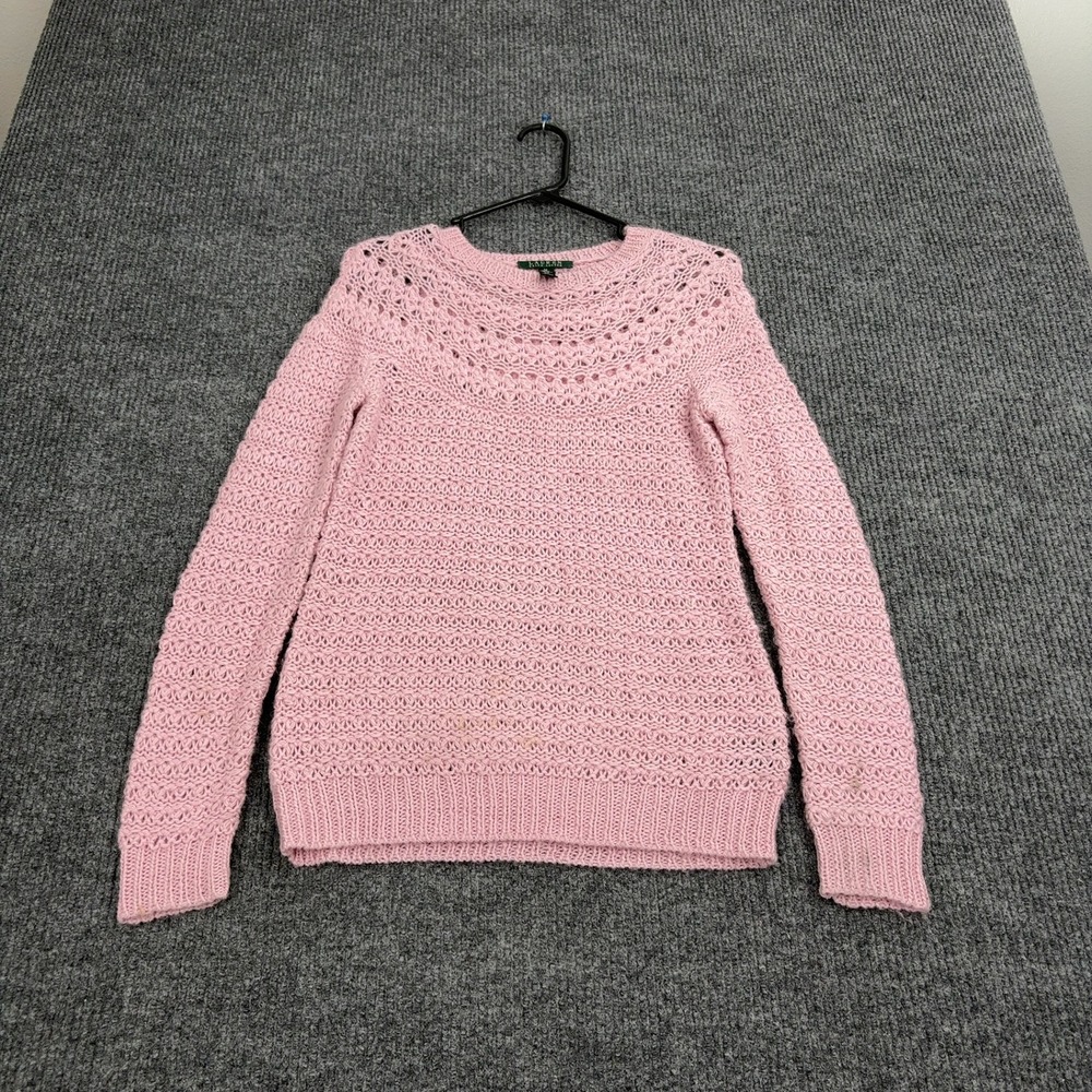 Lauren Ralph Lauren Sweater‎ Womens M Pink Alpaca Blend Open Knit Crochet Style